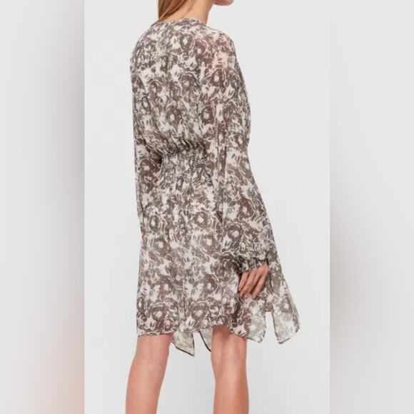 All saints Nicholas Rosa gray shear long sleeve smocked waist dress with pockets - Picture 12 of 13